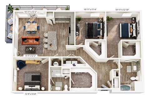 Floor plan for 3 beds, 2 baths, 1404 sqft